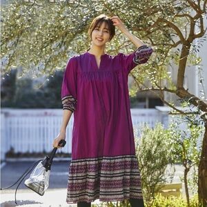 Anna Sui Uniqlo Women's Large Pink Purple Floral ¾ Sleeve Midi Prairie Dress